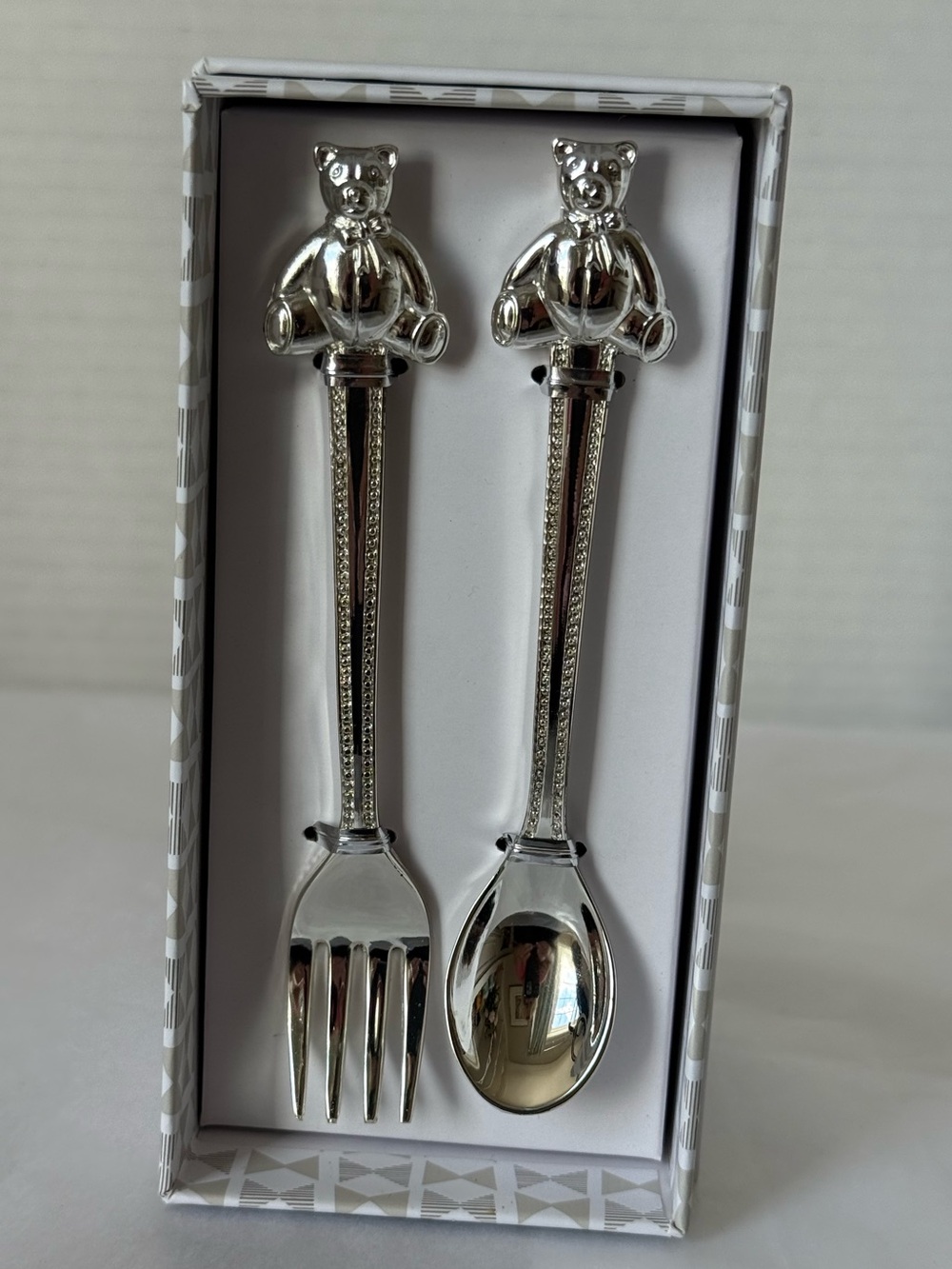 New in Box Hallmark Baby's First Silver Plated Teddy Bear Baby Fork + Spoon Set